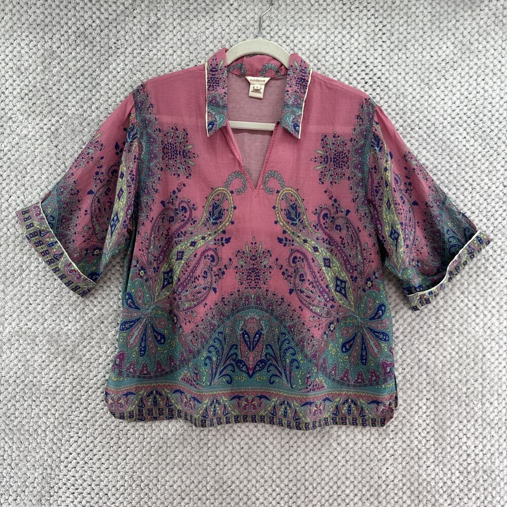 Sundance Silk Top Womens S Pink Green Floral V-Neck Collared Preppy - Picture 2 of 9